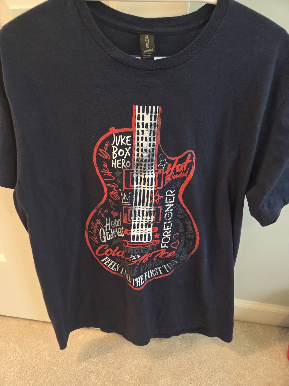 Adult Navy Short Sleeve Tee with Red & White Foreigner Guitar Graphic